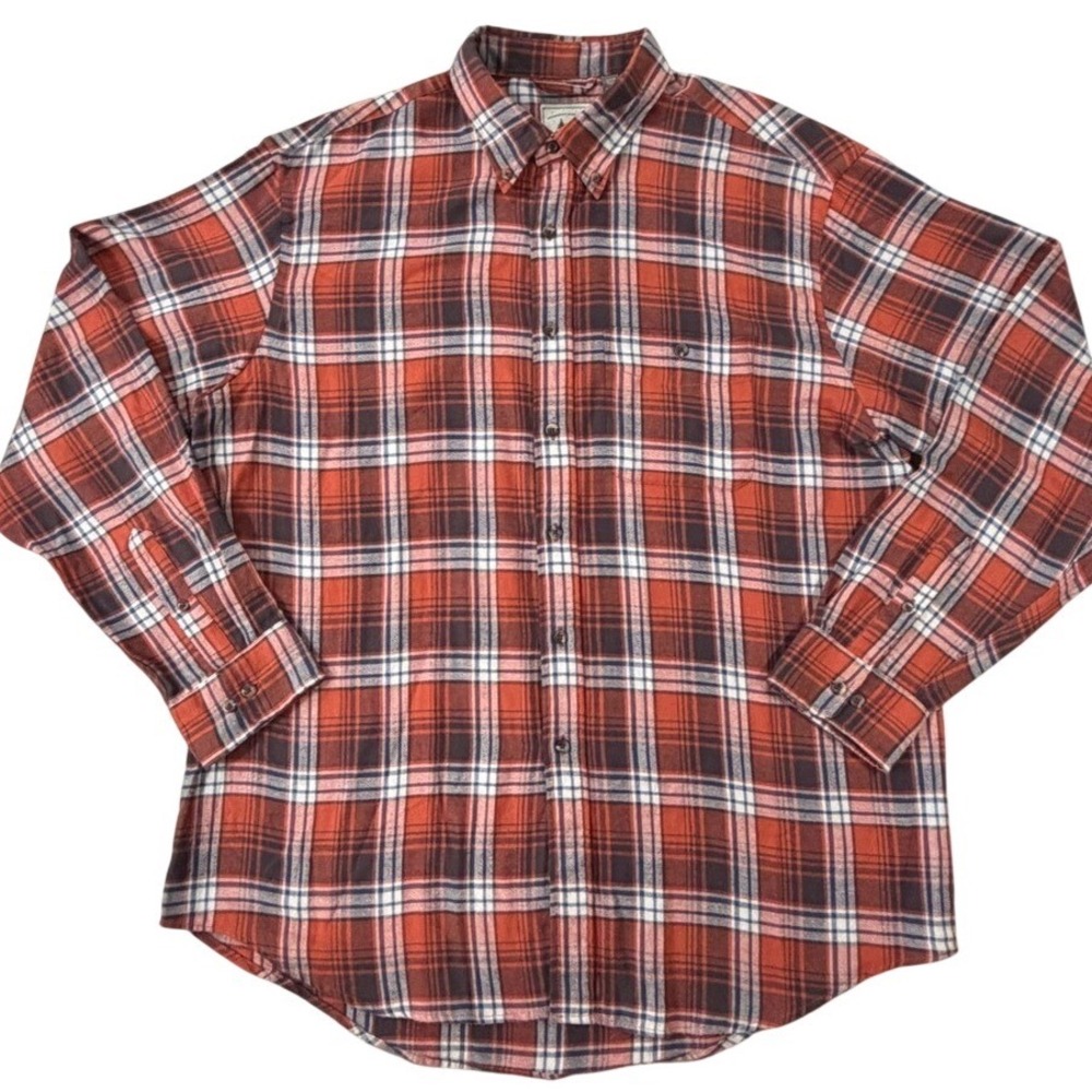 Mens XL Flannel Shirt GH Bass Orange Brown Plaid Lumberjack Rugged Rustic Cabin